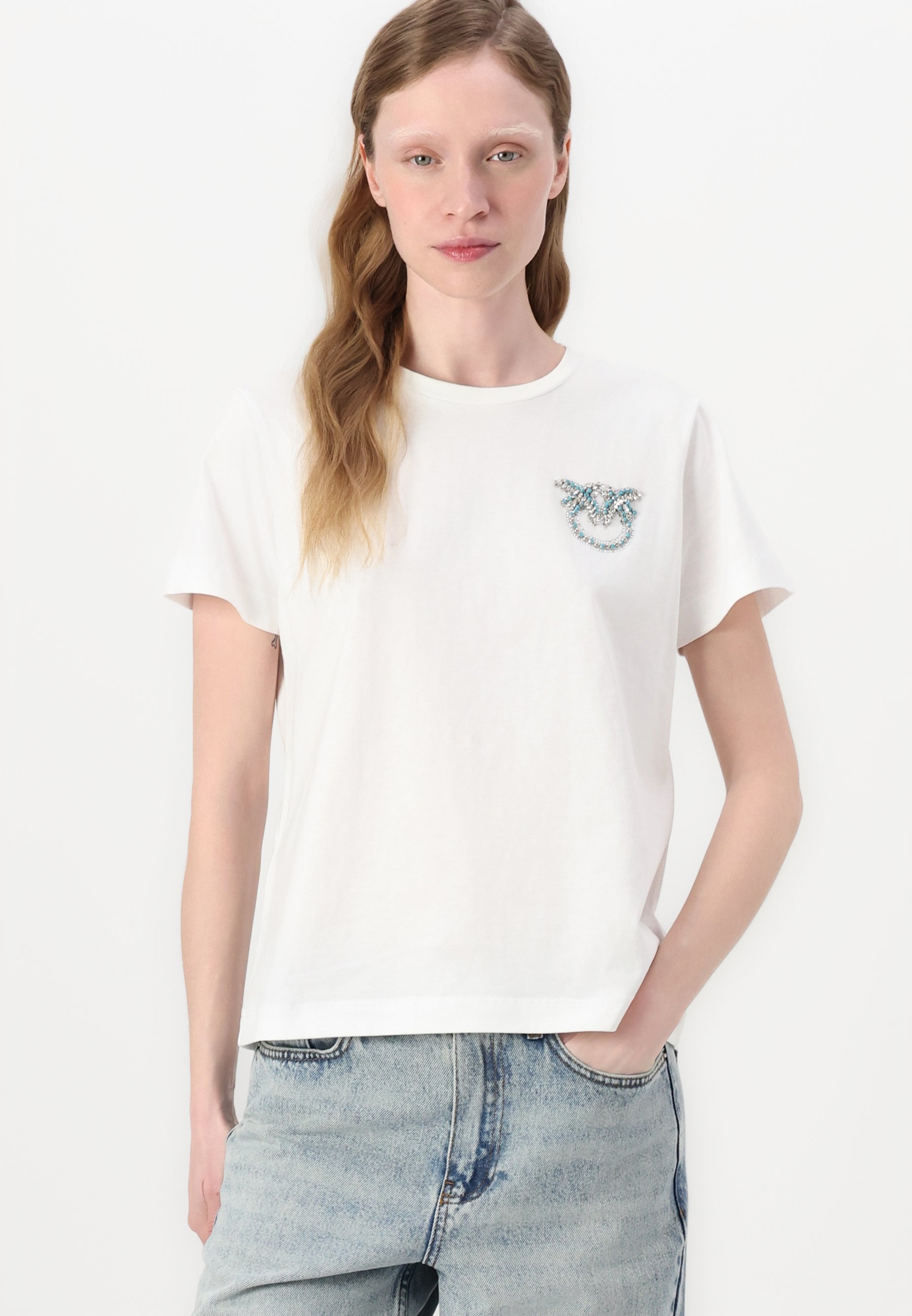 Tシャツ・カットソー PINKO Cotton Raul top Bianco Pinko NAMBRONE LOGO BIRDS RICAMATO - Print T-shirt - bianco