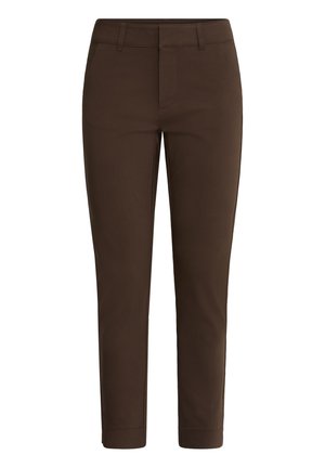 Tamsiai rudos, lieknos kirpimo kelnės su diržo kilpelėmis, priekinėmis kišenėmis ir tvarkingu, siūtu dizainu.