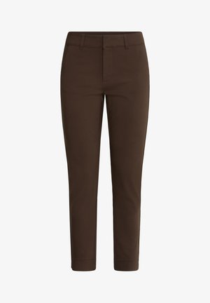 Tumedat pruunid kitsad püksid vööaasa, esitaskute ja puhta, viimistletud disainiga.