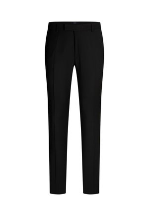 Zwarte broek met een getailleerde pasvorm, platte voorkant, ceintuurlussen en een gladde textuur, geschikt voor formele gelegenheden.
