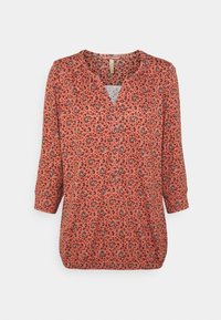 Blusa da donna arancione con motivo paisley. Presenta un scollo a V, maniche a trequarti e una vestibilità ampia. Realizzata in tessuto leggero.