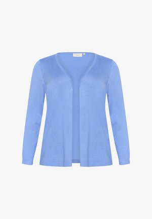 Cardigan long à manches longues, bleu clair, avec un décolleté en V profond, ouvert à l'avant et une texture lisse et légère. Sans fermetures ni embellissements.