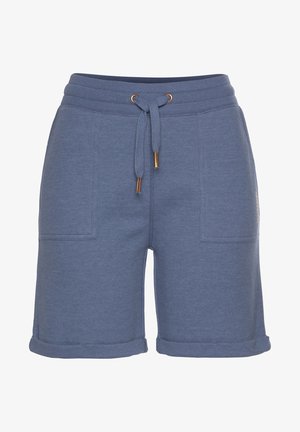 Shorts en coton bleus avec une taille à cordon, accents dorés, deux poches avant et hems repliés, présentant une texture lisse.