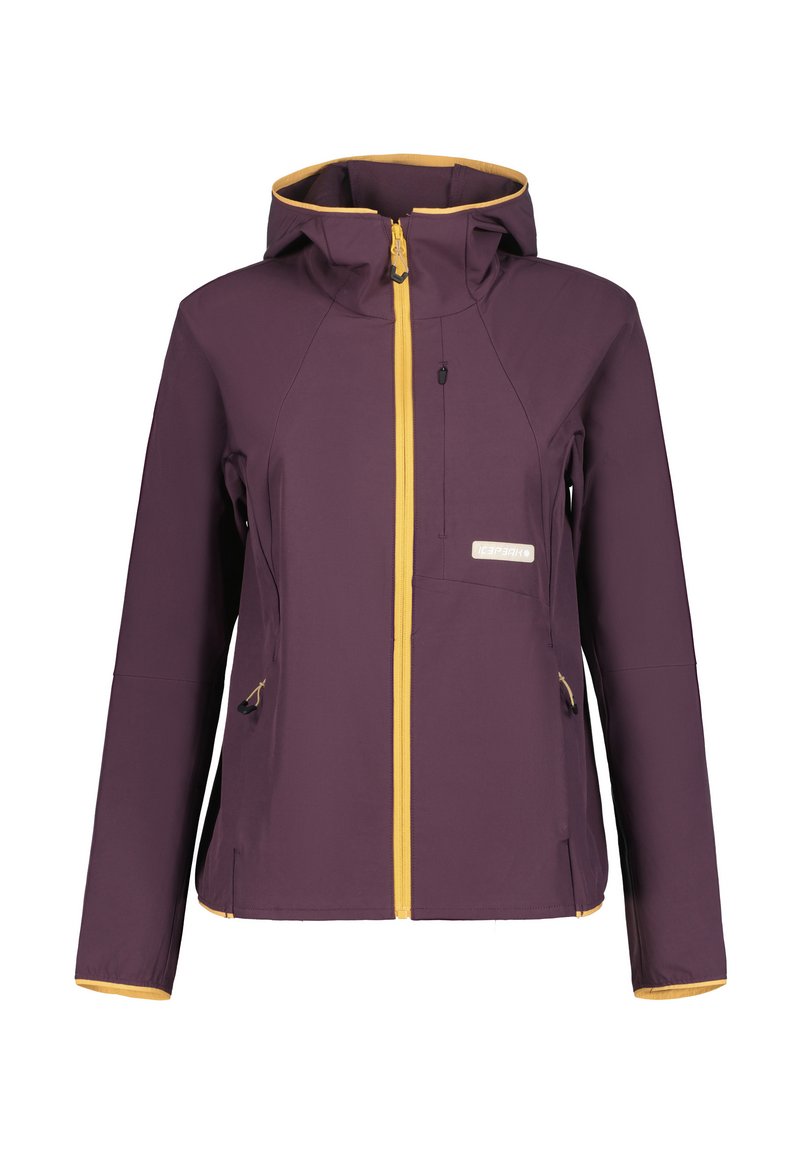 Chaqueta con capucha morada y cremallera y bordes amarillos, que cuenta con un bolsillo en el pecho y bolsillos laterales, confeccionada con un material suave y resistente a la intemperie.