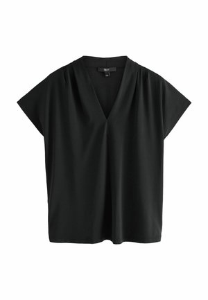 Top corto nero a maniche corte con scollatura a V e dettagli drappeggiati. Realizzato in un tessuto morbido e leggero con una vestibilità comoda. Senza chiusure visibili.