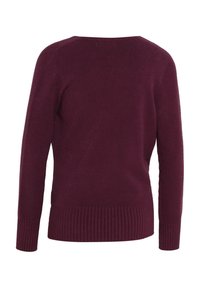 Pull à manches longues en tricot bordeaux foncé avec poignets et ourlet côtelés, présenté de dos sur fond blanc.