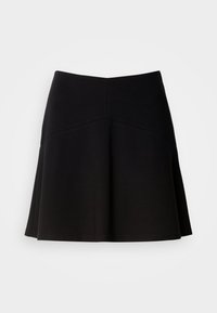 Jupe noire évasée en tissu doux, avec une taille ajustée et des coutures décoratives. Texture lisse avec un design simple et classique.