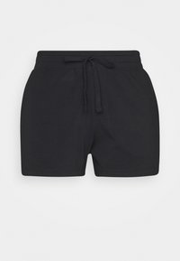 Svarta avslappnade shorts med elastisk midja och framsläppt snörning, visade mot en enfärgad vit bakgrund.