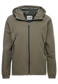 Olijfgroene hoodie gemaakt van lichtgewicht materiaal. Bevat een volledige ritssluiting aan de voorkant, twee zijzakken met rits en elastische manchetten.