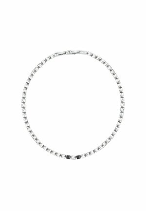 Sølv tennis-halskæde med firkantede klare og to sorte ædelstene, kædet sammen i en kontinuerlig kæde med en lukning.