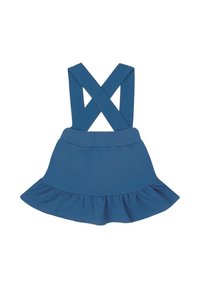 Niebieska bawełniana sukienka z ramiączkami na krzyż, rozkloszowanym falbaniastym dołem i gładką fakturą. Prosty, klasyczny fason odpowiedni na różne okazje.