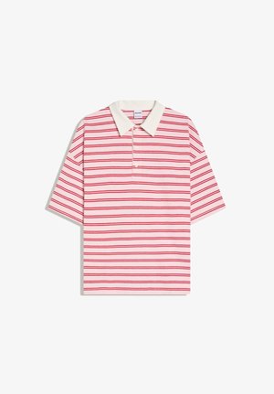 Rövid ujjú galléros póló fehér gallérral és világos rózsaszín alapon vízszintes piros csíkokkal.