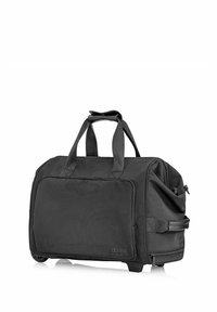 Czarna torba typu duffel, wykonana z trwałego materiału, wyposażona w dwa uchwyty na górze, przednią kieszeń, boczny zamek błyskawiczny oraz usztywnioną, prostokątną formę.