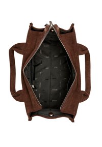 Geantă de mână maro din catifea, cu închidere cu fermoar, mânere din material textil și interior cu model care prezintă marca DKNY. Interiorul include un buzunar cu fermoar.