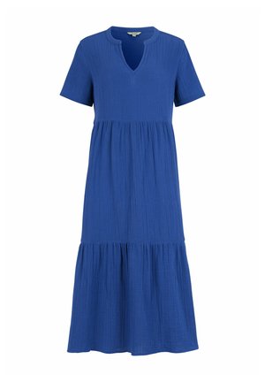 Blaues Midikleid mit kurzen Ärmeln, strukturiertem Stoff, V-Ausschnitt, tailliertem Bund und mehrstufigem Rock.