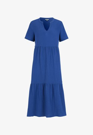 Blaues Midikleid mit kurzen Ärmeln, strukturiertem Stoff, V-Ausschnitt, tailliertem Bund und mehrstufigem Rock.