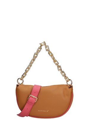 Tan leather handbag with a pink strap, featuring a gold chain handle, zip closure, and a branded logo on the front.