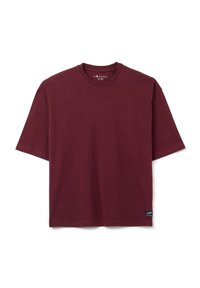 T-shirt in cotone bordeaux con scollatura tonda, maniche corte e vestibilità rilassata. Presenta una piccola etichetta del marchio all'orlo.