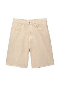 Beige Denim-Shorts mit geradem Schnitt, zwei Vorderaschen, einer Hintertasche und silbernen Metallbeschlägen. Lässiger, leichter Stoff.
