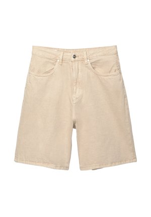 Beige denim shorts with a straight cut, two front pockets, a single back pocket, and silver metal hardware.  Casual, lightweight fabric.