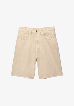 Bež ženske denim kratke hlače s ravnim krojem, dvema sprednjima žepoma, enim zadnjim žepom in srebrnimi kovinskimi dodatki. Casual, lahek material.