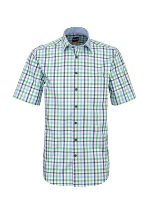 Kurzärmeliges Hemd mit Knöpfen, grün-blau-weiß kariertem Muster und Brusttasche vor weißem Hintergrund.