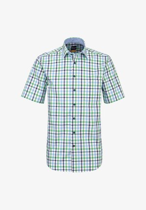 Camicia a maniche corte con bottoni, motivo a quadri verdi, blu e bianchi e tasca sul petto su sfondo bianco.