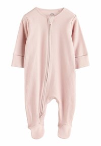 Body en jersey côtelé rose pâle à manches longues pour bébé, avec fermeture éclair à l'avant et recouvrements de pieds prolongés, conçu pour le confort et une habillage facile.