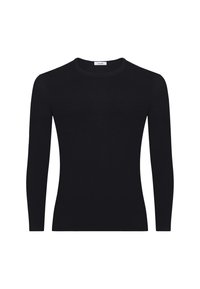 Maglietta nera a maniche lunghe realizzata in un tessuto liscio. Presenta un collo rotondo e una silhouette aderente senza alcun motivo o accento.