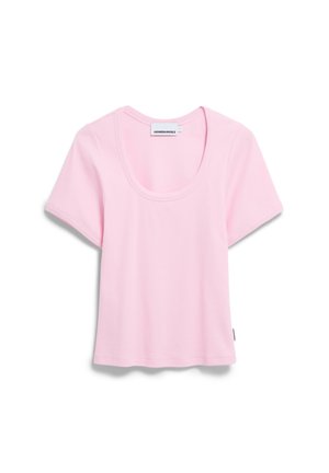 Helles rosa T-Shirt mit kurzen Ärmeln und Rundhalsausschnitt, aus Rippstoff gefertigt. Mit einem Etikett am Hals mit dem Markennamen.