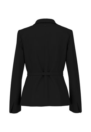 Black tailored blazer with long sleeves, a back belt detail, and a notch collar, shown from the back on a white background.