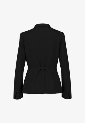 Black tailored blazer with long sleeves, a back belt detail, and a notch collar, shown from the back on a white background.