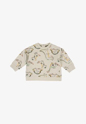 Felpa beige chiaro con stampe di dinosauri. Presenta maniche lunghe, collo rotondo e polsini elasticizzati. Realizzata in tessuto morbido e strutturato.