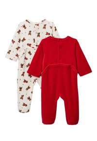 Deux grenouillères pour bébé : l'une blanche avec un motif d'ours et des accents de bonbons, l'autre rouge uni. Les deux ont des manches longues et des fermetures à pression.