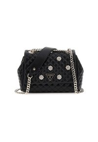 Borsa a tracolla nera trapuntata con catena argentata, decorata con strass a forma di fiore e una placca con logo sul davanti.