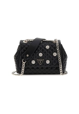 Borsa a tracolla nera trapuntata con catena argentata, decorata con strass a forma di fiore e una placca con logo sul davanti.