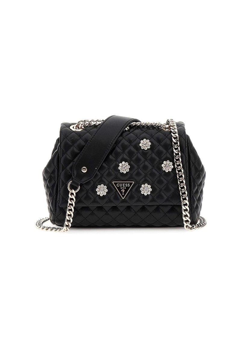 Borsa a tracolla nera trapuntata con catena argentata, decorata con strass a forma di fiore e una placca con logo sul davanti.