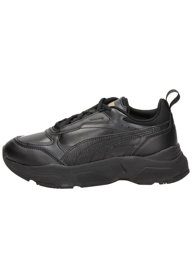 Black athletic sneakers with a textured leather and mesh upper, featuring a thick rubber sole, laces, and a pull tab on the back.