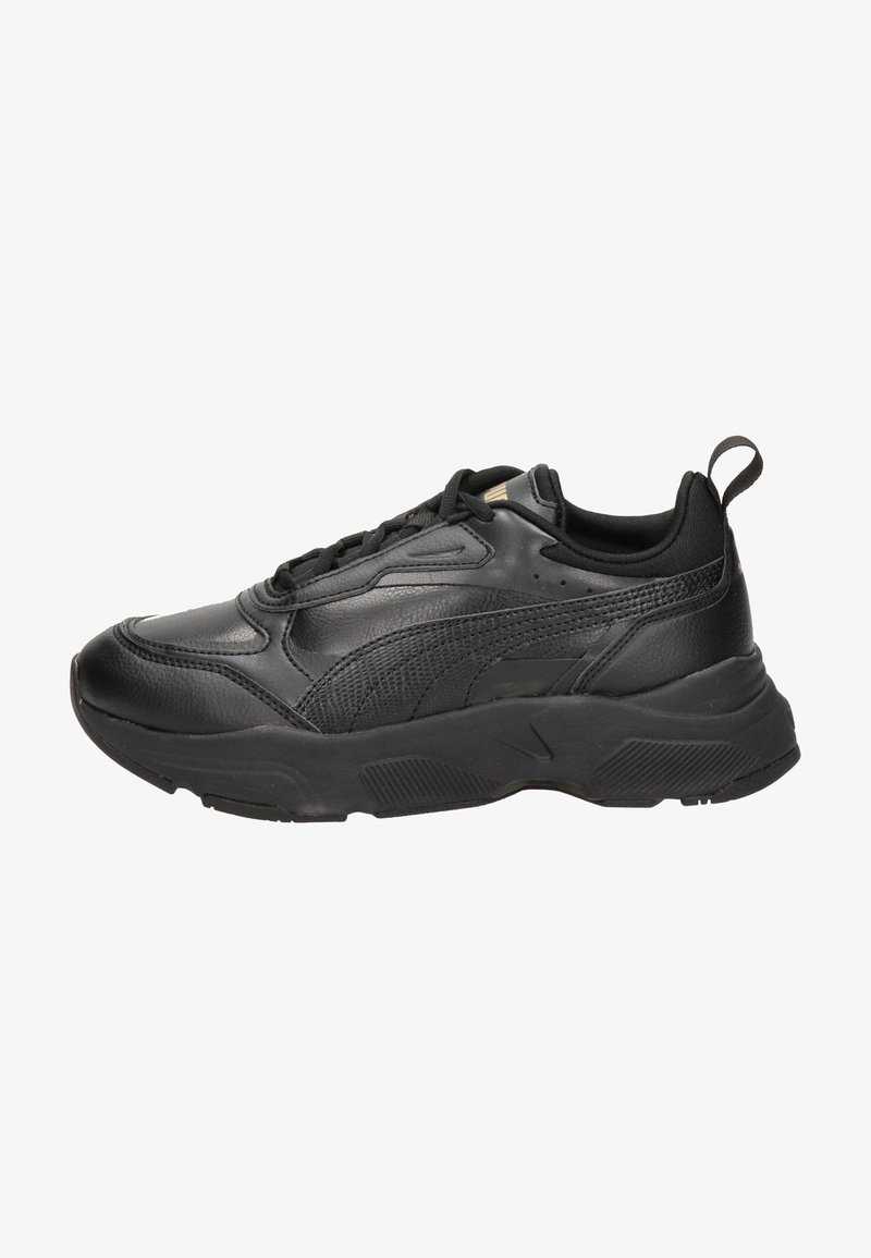 Black athletic sneakers with a textured leather and mesh upper, featuring a thick rubber sole, laces, and a pull tab on the back.