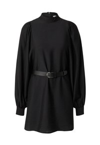 Zwart jurkje met hoge hals en lange pofmouwen. Heeft een riem in de taille en een ritssluiting aan de achterkant. Soepele, lichte stof.