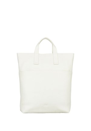 Weiße Ledertasche mit kurzen Griffen und leicht texturierter Oberfläche, vor einem schlichten weißen Hintergrund gezeigt.