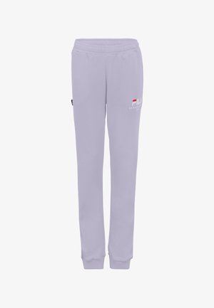 Paarse sweatpants met een elastische tailleband, taps toelopende benen en logo-detail aan de voorkant. Zachte stof met een gladde textuur.