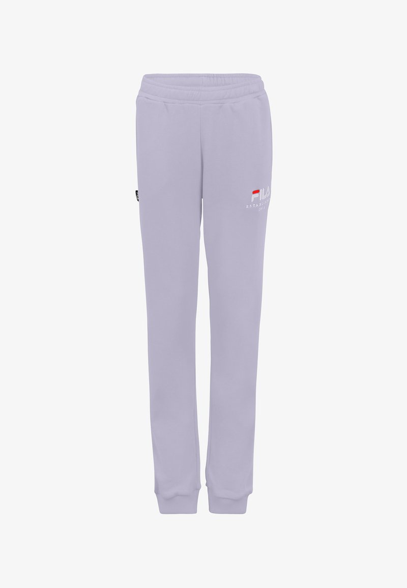 Paarse sweatpants met een elastische tailleband, taps toelopende benen en logo-detail aan de voorkant. Zachte stof met een gladde textuur.