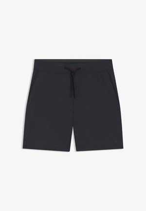 Costume da bagno grigio scuro in tessuto leggero. Presenta una vita regolabile con coulisse, due tasche laterali e un logo discreto.