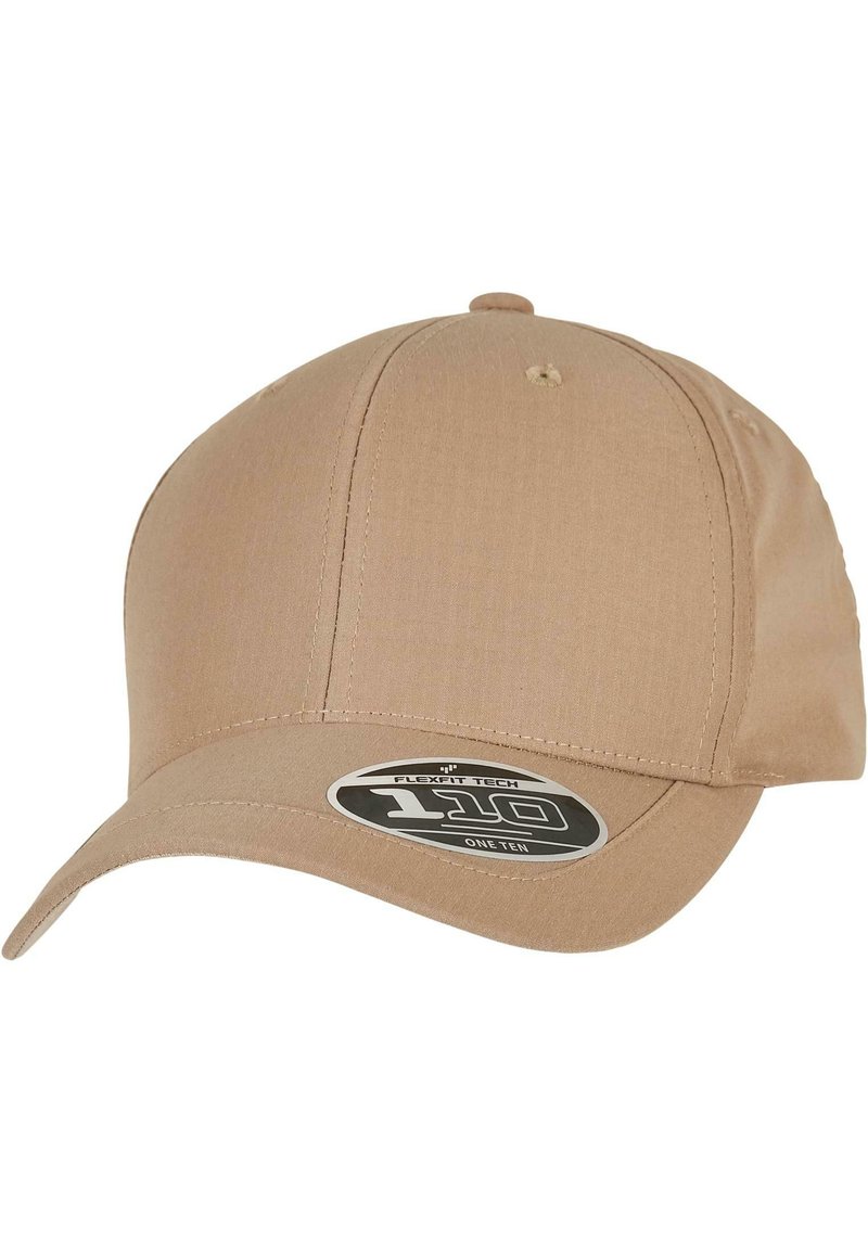Beige cap with a structured design, curved visor, and Flexfit tech. Features an oval tag with "110" and "One Ten" branding.