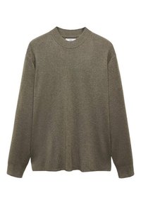 Maglione verde oliva in un morbido tessuto a maglia, caratterizzato da un collo rotondo e maniche lunghe con polsini a coste, vestibilità rilassata all'orlo.