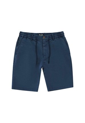 Marineblauwe shorts van katoen, met een elastische tailleband en een trekkoord, een ritssluiting en twee zijzakken.