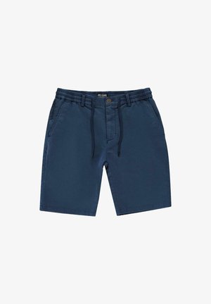 Marineblauwe shorts van katoen, met een elastische tailleband en een trekkoord, een ritssluiting en twee zijzakken.