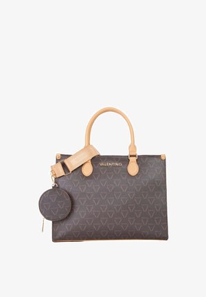 Sac à main Valentino marron foncé avec poignées couleur cuir clair, bandoulière réglable assortie et pochette ronde pour pièces attachée avec fermeture éclair.