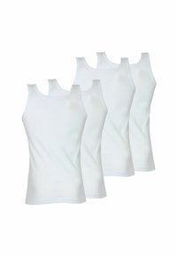 Ensemble de trois débardeurs blancs fabriqués en tissu lisse et léger, avec un col rond classique et sans motifs ni accents visibles.